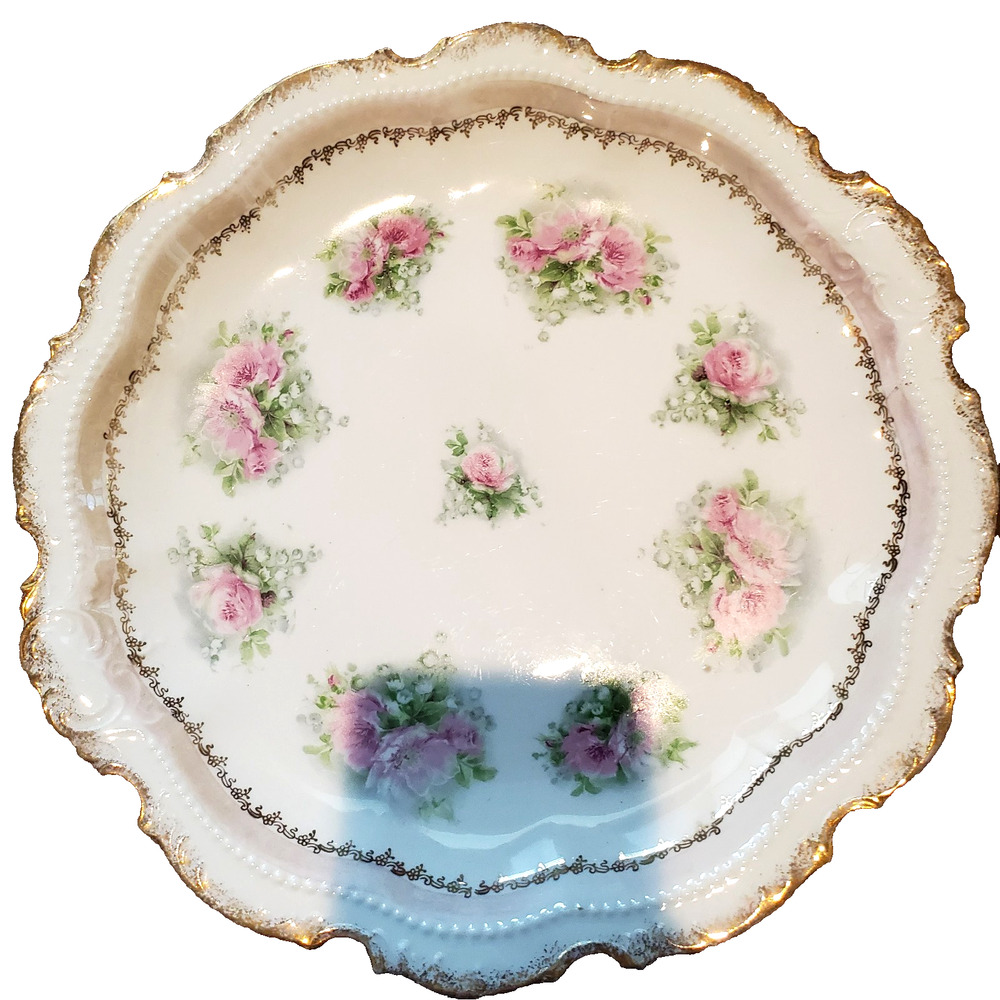 Antique Empire China Serving Bowl 10.5" Victorian Scalloped Edge Gold Trim 1910s